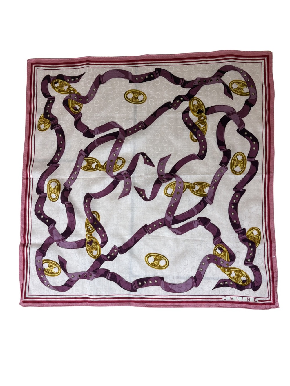 Celine Purple Ribbon & Gold Motif Silk Scarf on White
